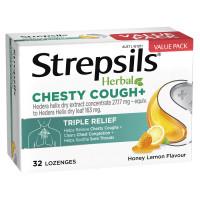 Strepsils Herbal Chesty Cough Plus Triple Relief Sore Throat Lozenges Honey Lemon 32s
