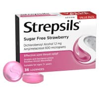 Strepsils Sore Throat Relief Sugar Free Strawberry 36 Pack