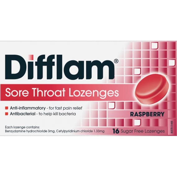 Difflam Sore Throat Lozenges Raspberry 16 Lozenges
