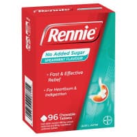 Rennie No Added Sugar Indigestion and Heartburn Relief Spearmint 96 Chewable Tablets