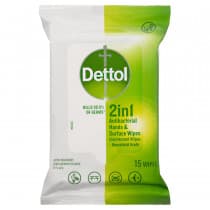Dettol 2 in 1 Hands & Surfaces Anti-Bacterial Wipes 15 Wipes